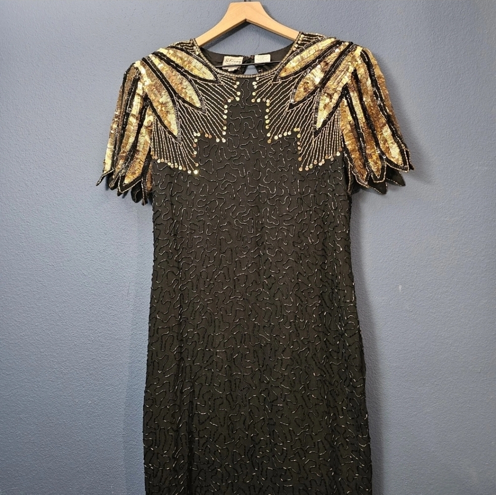 Vintage Black Dress with Gold Sequin Shoulder Detail - Picture 2 of 12